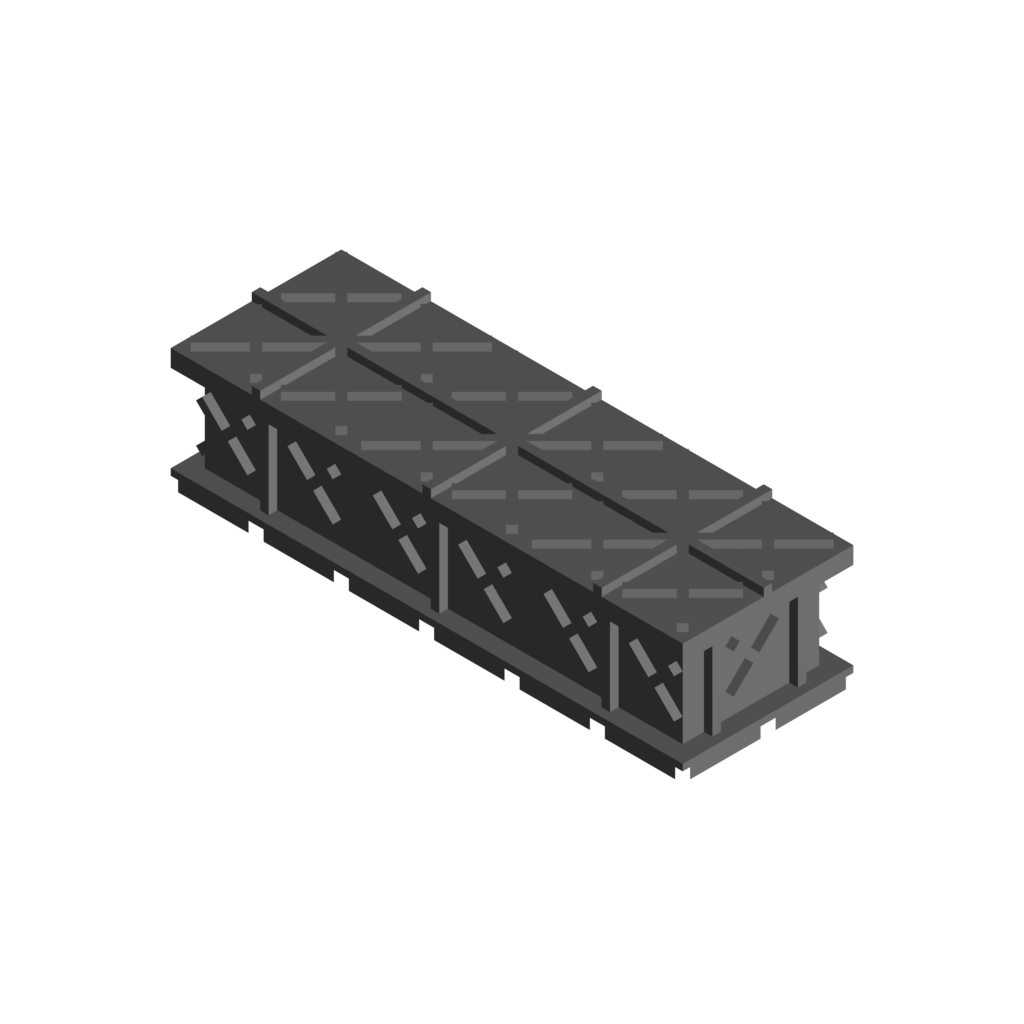 GHOSZT Platform #001A modular base in 3x1 size, featuring a grid pattern with positive connections on the top and sides, and negative connections on the bottom for stacking.