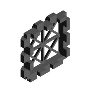 Front 3D Frame with modular design, pegs in two dimensions, and corner divot for easy disassembly